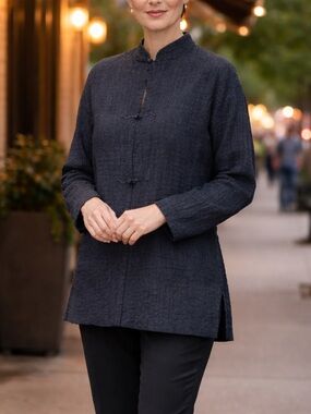 Eileen Fisher Black Textured Mandarin Collar Jacket size L